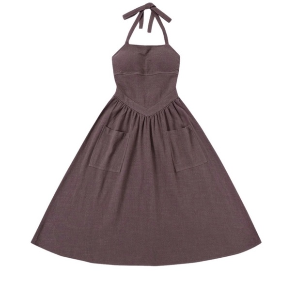 Fashion Brand Company Brown Linen Apron Halter Dress Small S FBC Penelope Gazin - Picture 6 of 8